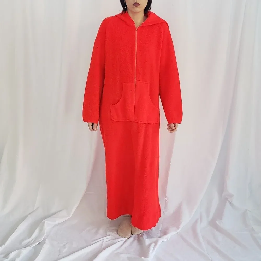 70s Red Hooded Fleece‎ Robe